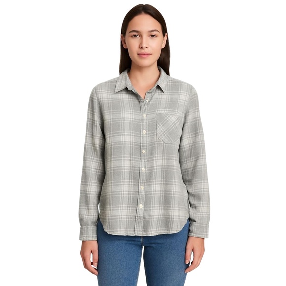 Old Navy Tops - OLD NAVY Womens Classic Shirt Size M Heather Grey/White Plaid Long Sleeve Casual